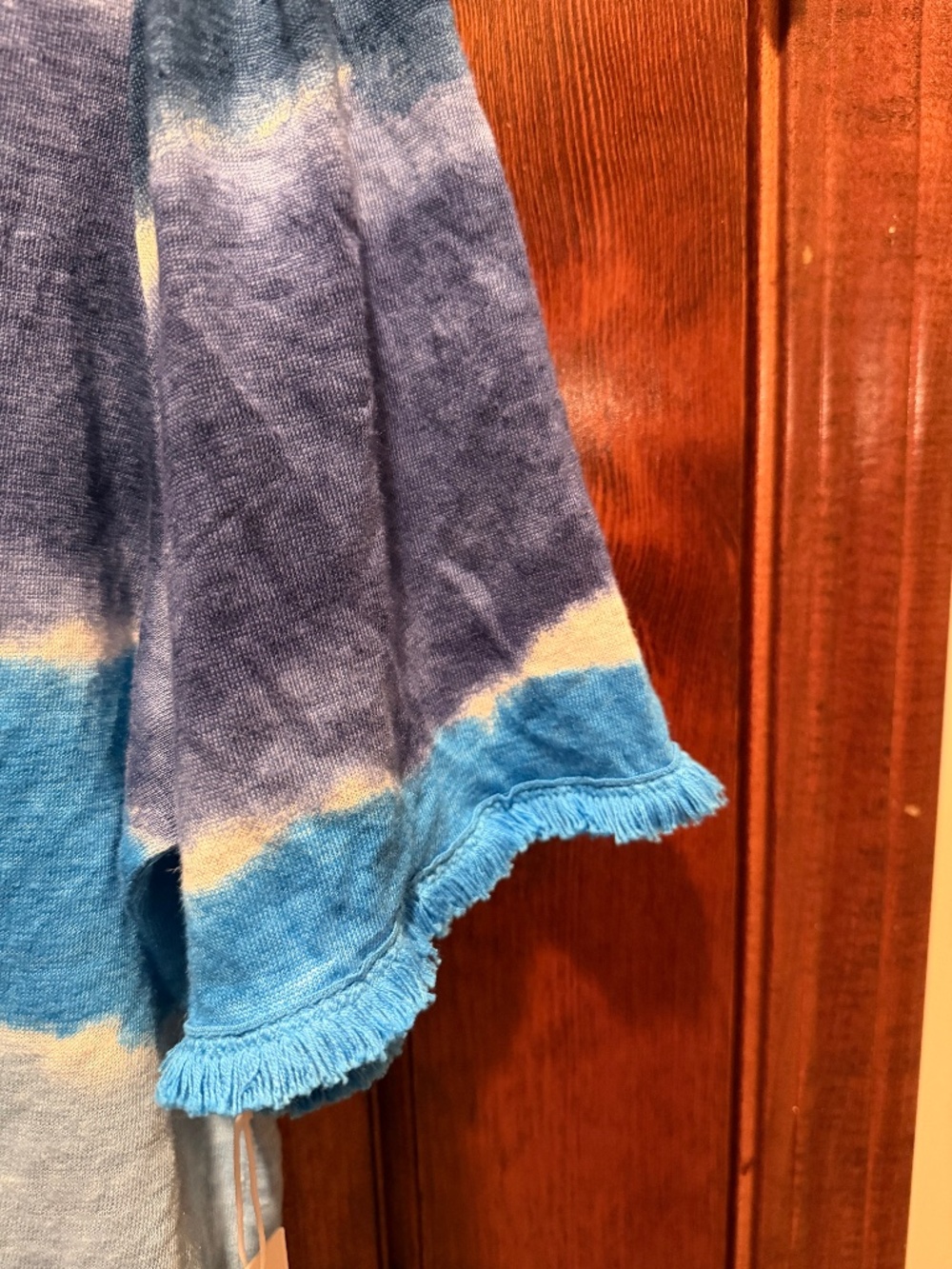 NWT Chico's Sz 2 (L) Linen Cotton Tie Dyed fringed arm short sleeve t-shirt - Picture 5 of 7
